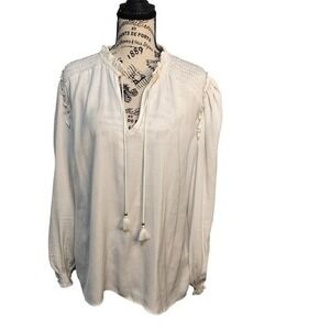 Chelsea & Theodore Women's L Off-White‎ Smocked Peasant Blouse Tassel Tie NWT